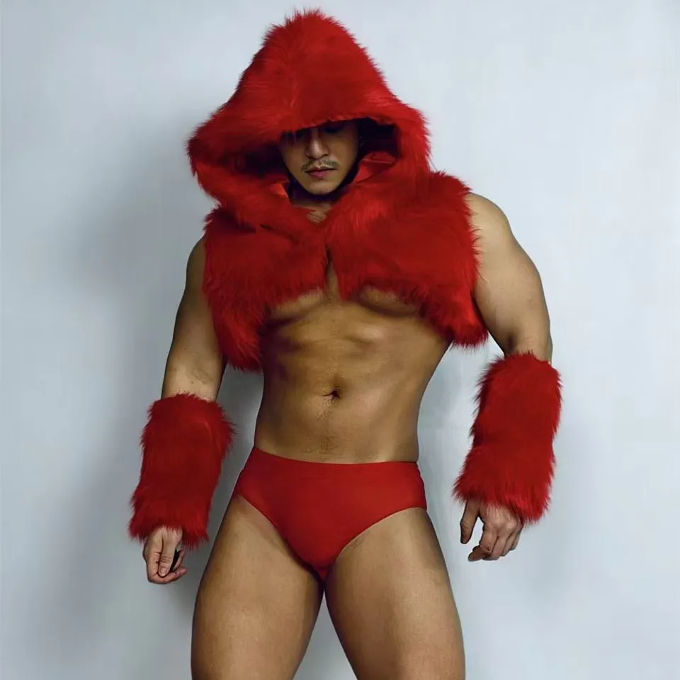 Sexy Faux Fur Vest Shorts Stage Outfit for Nightclub Party Muscle Men's Gogo Performance Costume Carnival Rave Festival Clothing
