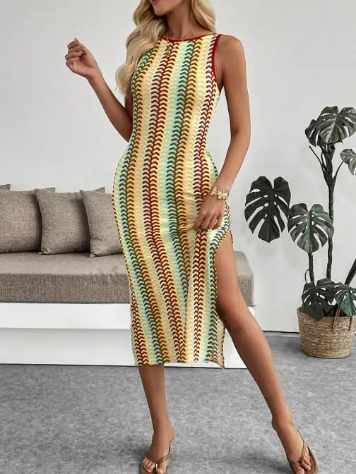 

Summer 2025 New Color Striped Crochet Round Neck Vest Sleeveless Slim Fit Dress for Women
