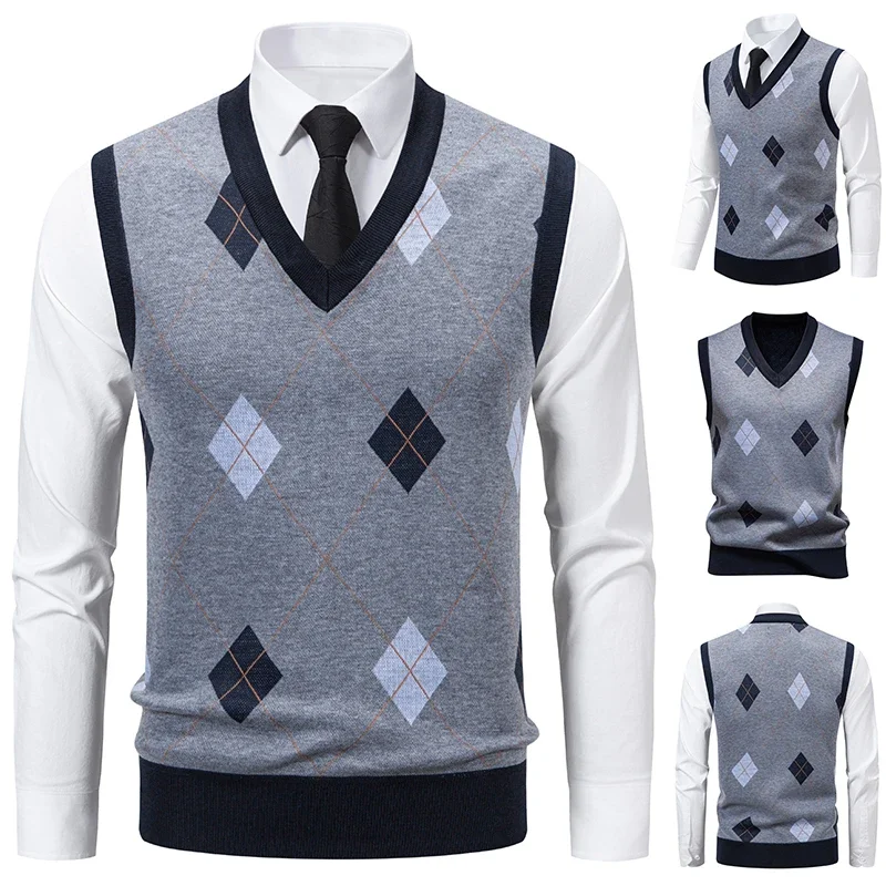 

Men's Knitted Warm Sweater in Autumn and Winter V-neck Vest Diamond Grid Twisted Flower Casual Fashion Versatile Top