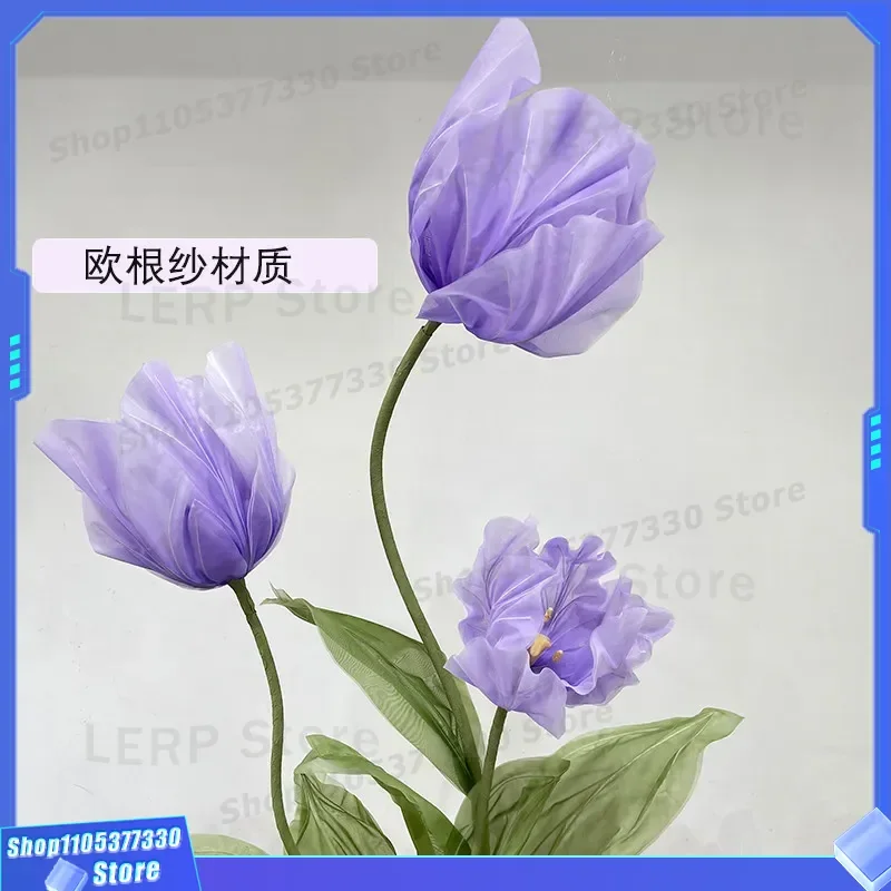 Large Organza Tulip Artificial Flower Handmade Flying Petals Wedding Decoration Space Arrangement Ornament Simulated Bloom