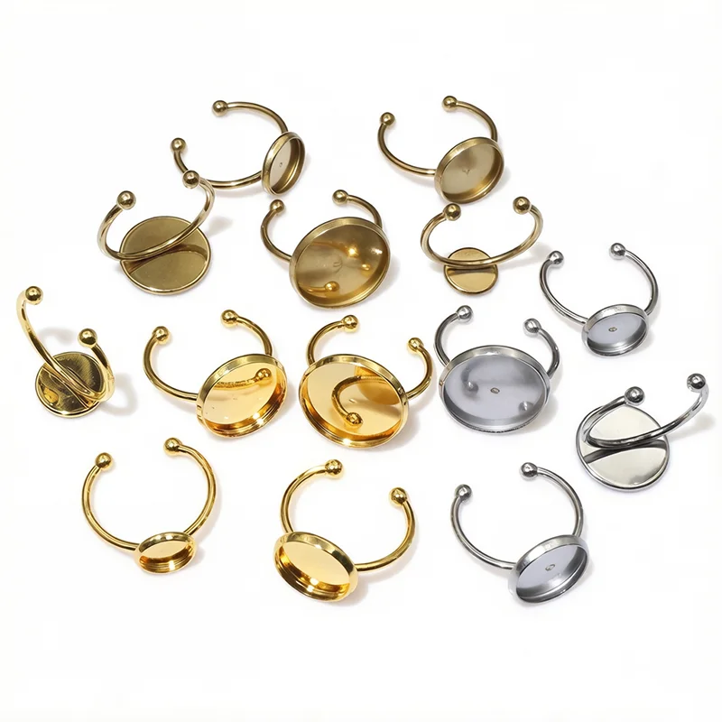 6 8 10 12 14 16 18 20mm Stainless Steel Gold Plated Adjustable Ring Settings Blank Base Fit 6-20mm Glass Cabochon Buttons Bezels