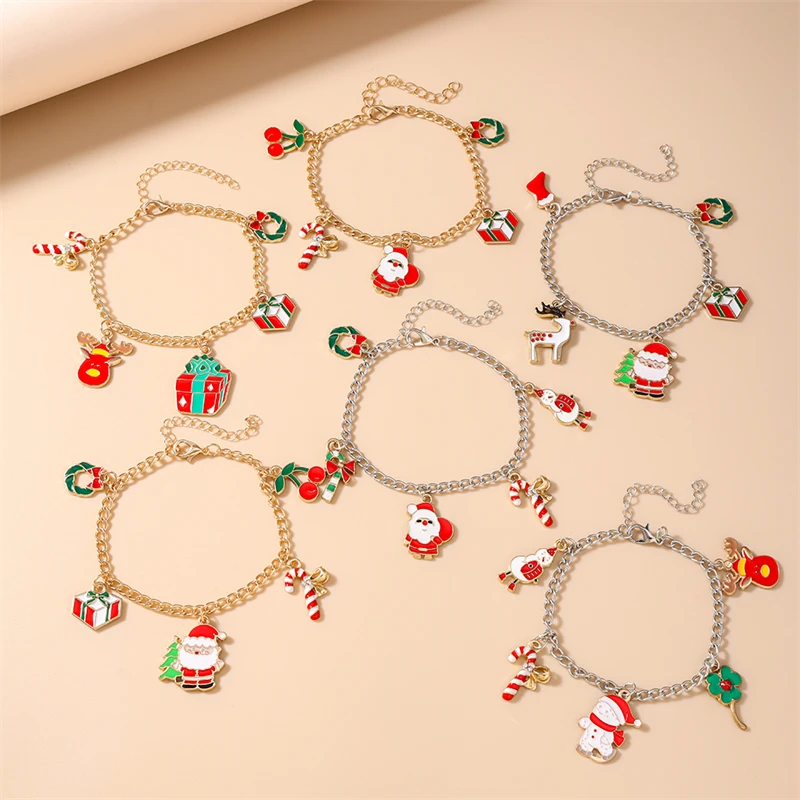 Modisches Weihnachtsarmband für Damen, Metallarmband mit Weihnachtsmann-, Baum- und Rentier-Anhängern, Mädchenarmband, Neujahrsfest-Schmuck, Geschenkidee – Detail 1