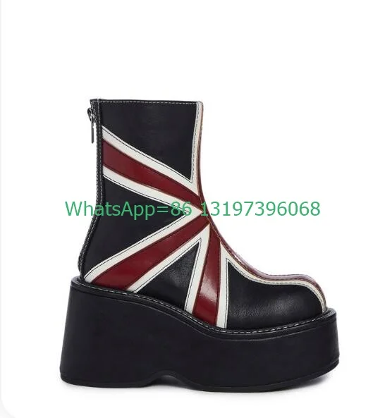 Lady British style design wedge boots platform wedges mix color back zip designankle boots vintage PU cool gothic boots size 46