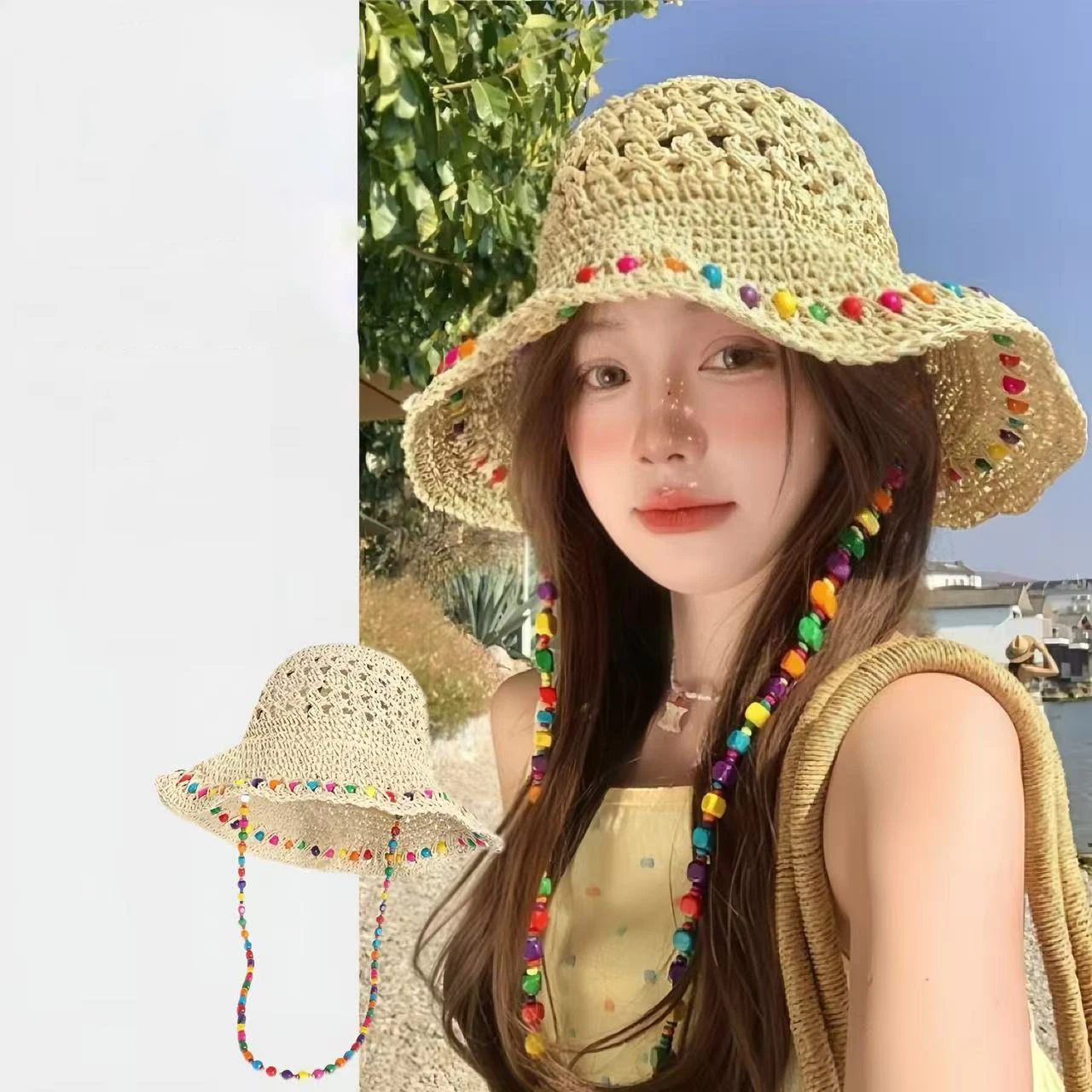 

Ladies' Bucket Hats Bohemian Style Straw Weaving Hollow Korean Sweet Verstaile Big Brim Sunshade Hats Vacation Beach Bucket Hats