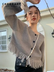 CHEERART Fringe Button Up Cropped Sweater Cardigan Women Grey Knit Shrug Cute Cardigan Korea Style Knitwear Autunn Clothing