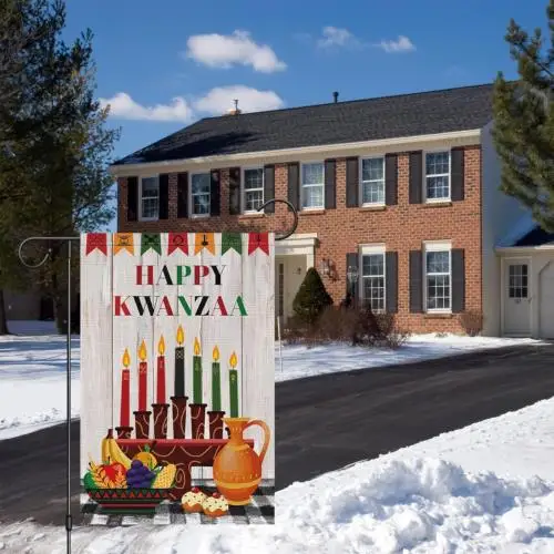 Happy Kwanzaa Garden Flag 2X18 Inch Double Sided Burlap, Kinara Candles Yard Fla