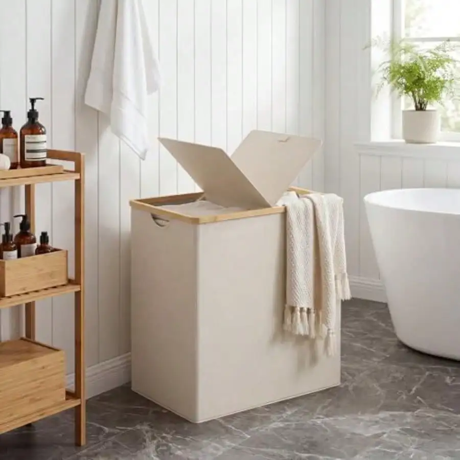 Laundry Hamper With Lid, Double Laundry Basket With 2 Removable Bags, 2 Section Laundry Bin With Bamboo Handles For Bathroom, Bedroom And Laundry Room, 140L (36.9 Gallon) Beige