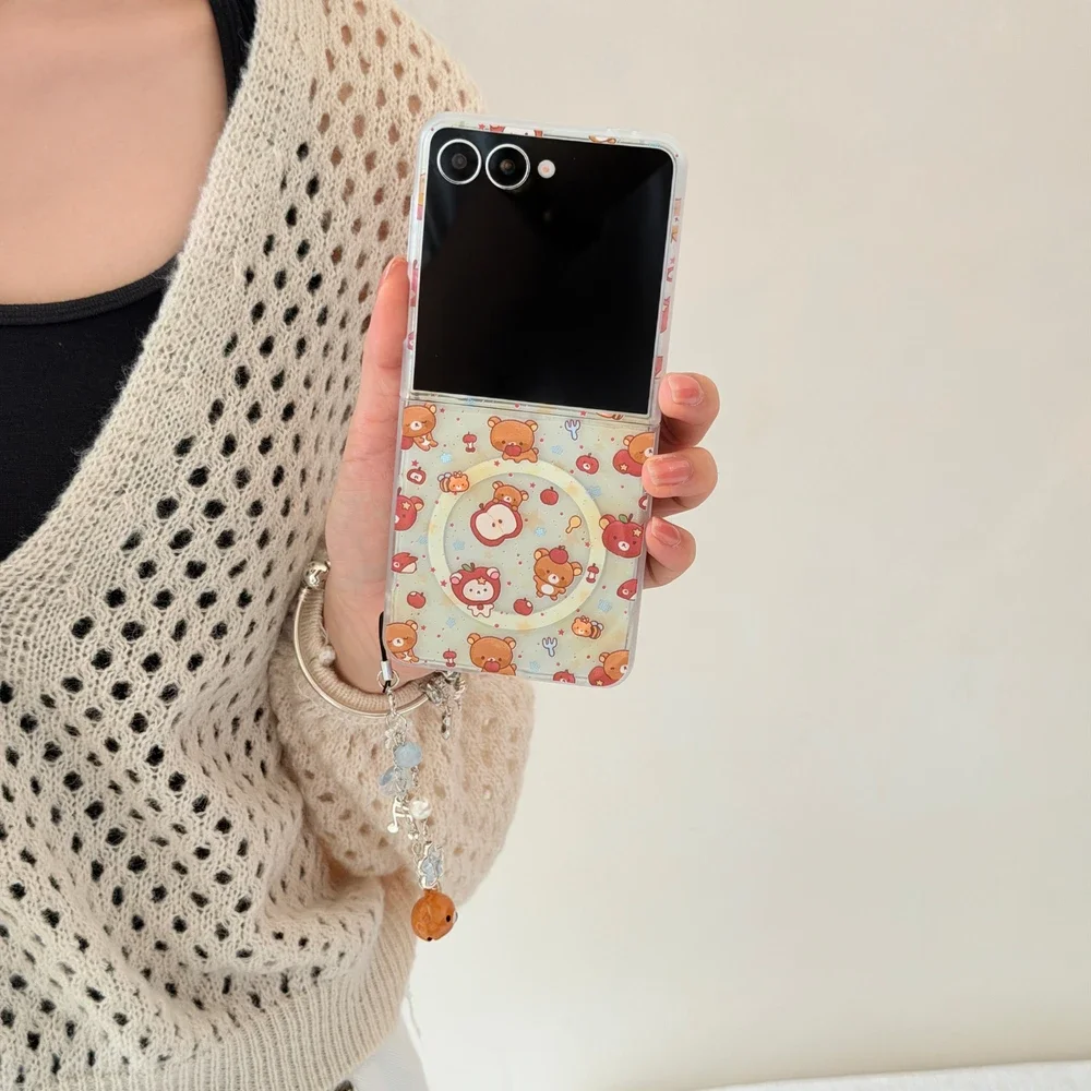 Magnetischer Griffhalter Magsafe Wireless Charge Handyhülle für Samsung Galaxy Z Flip 7 6 5 4 3, niedliche Cartoon-Rilakkuma-Bärenabdeckung