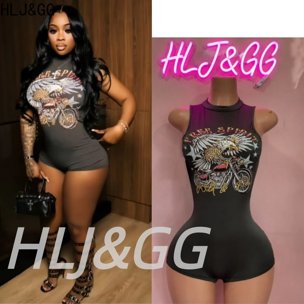HLJ&GG Black Trend Pattern Print One Piece Rompers American Retro Round Neck Sleeveless Slim Jumpsuits Fashion Women Clubwear