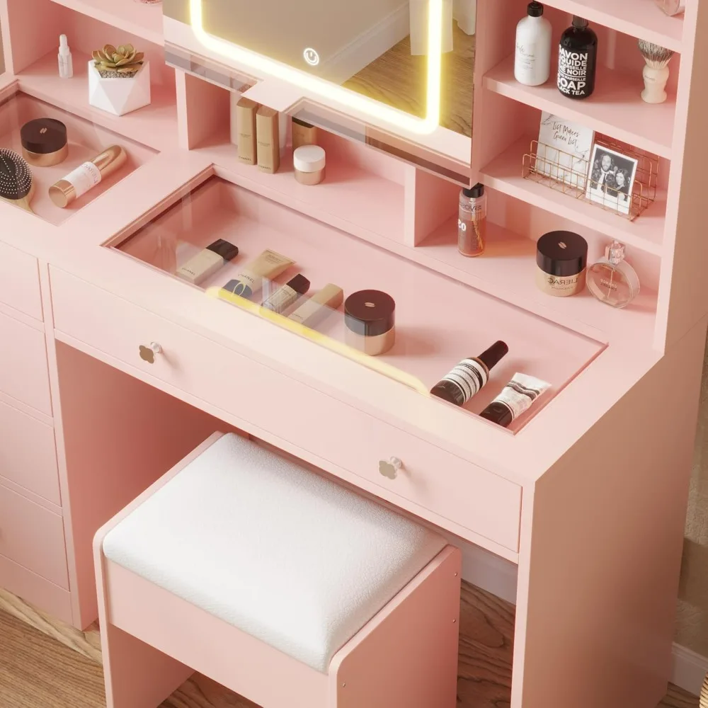 Makeup Vanity, Lighted Mirror Charging Station Large Vanity Set with Transparent Desk, Drawers, Cabinet, Shelves, Bedroom Vanity