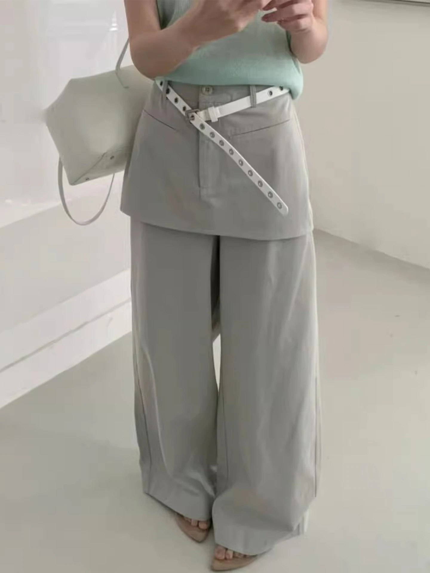 

Брюки прямого кроя с высокой талией, однотонные, с поясом, летние, новая модель, женские повседневные брюки в корейском стиле, для офиса