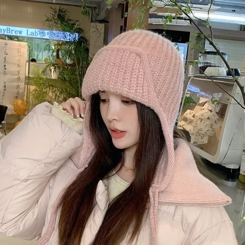 ファッション耳保護ニット帽子冬暖かい防寒フライングキャップ無地ウールかぎ針編みボンネット韓国女性ウールビーニー