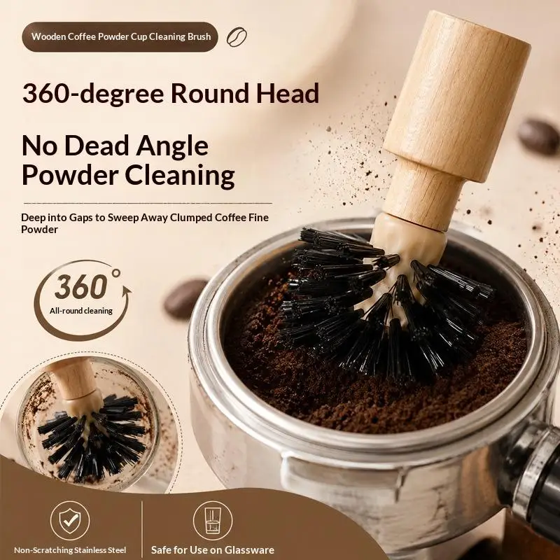 Coffee Portafilter Cleaning Brush 50/55mm Wooden Handle Non-Shedding Bristles Suitable for Portable Coffee Kit Cleaning