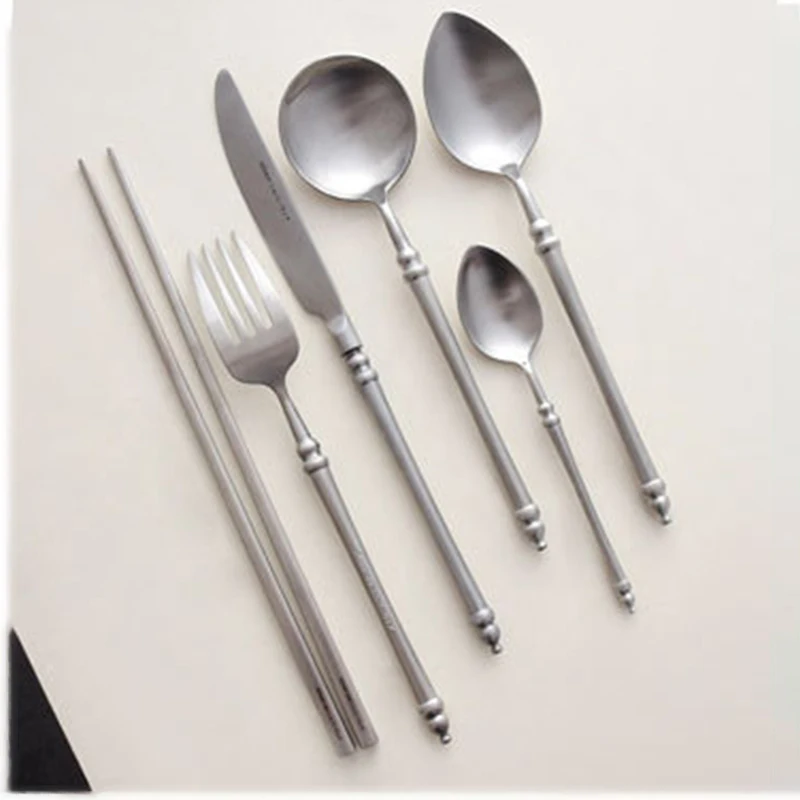 Japanese Retro Style 304 Stainless Steel Cutlery Set Bamboo Matte Western Steak Knife Fork Spoon Set Chopsticks Flatware