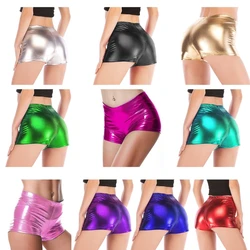 Womens Glitter Metallic PU Leather Booty Shorts Elastic Waist Solid Color Hotpants with Tight Fit Shorts