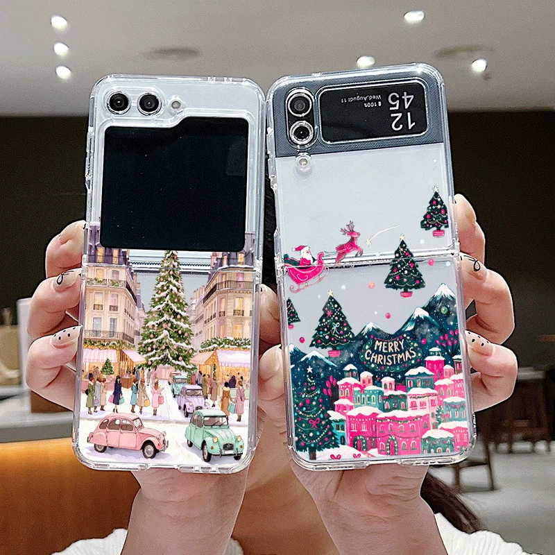 For Samsung Z Flip7 Shell Art Street Building Winter Snow Scenery Clear Folding Phone Case for Samsung Z Flip6 5 4 3 Z Fold7 6 5