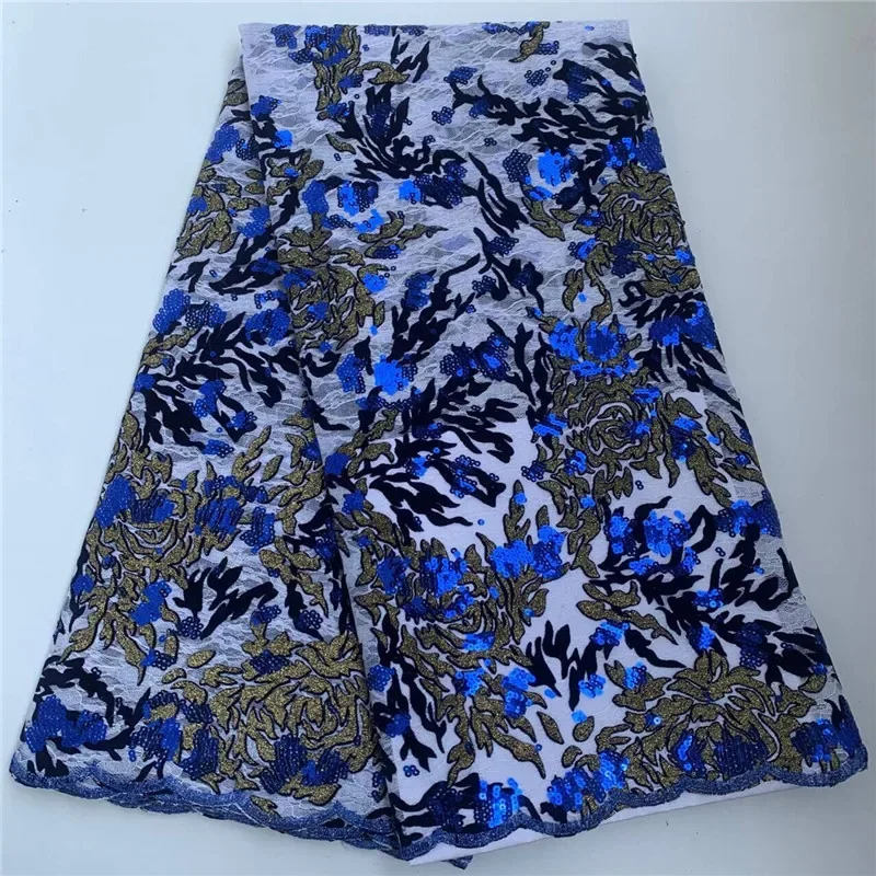 

5-ярдовая нигерийская флокированная бархатная кружевная ткань с блестками, высокое качество, африканские тяжелые бисеры и жемчуг для женских вечерних платьев PSJF620