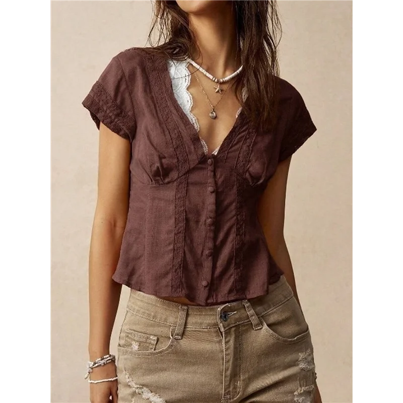 

Women's Lace Trim V Neck Blouse Short Sleeve Shirred Shirt Tops Summer Vacation Clothes