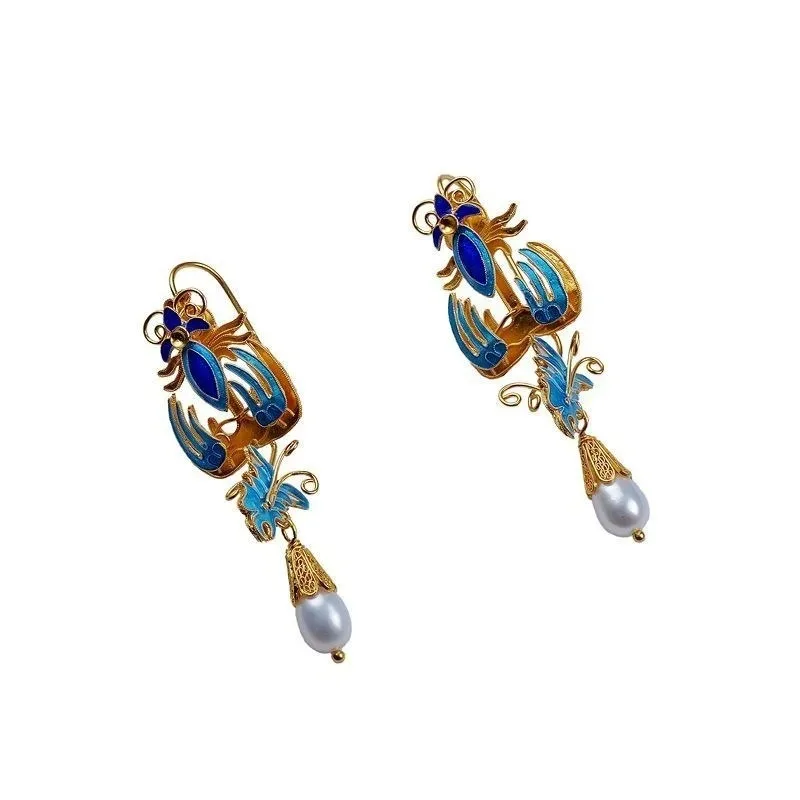 Chinese Style Vintage Copper Alloy Freshwater Pearl Enamel Phoenix Earring for Women Party Hanfu Cheongsam Wedding Gift Jewelry