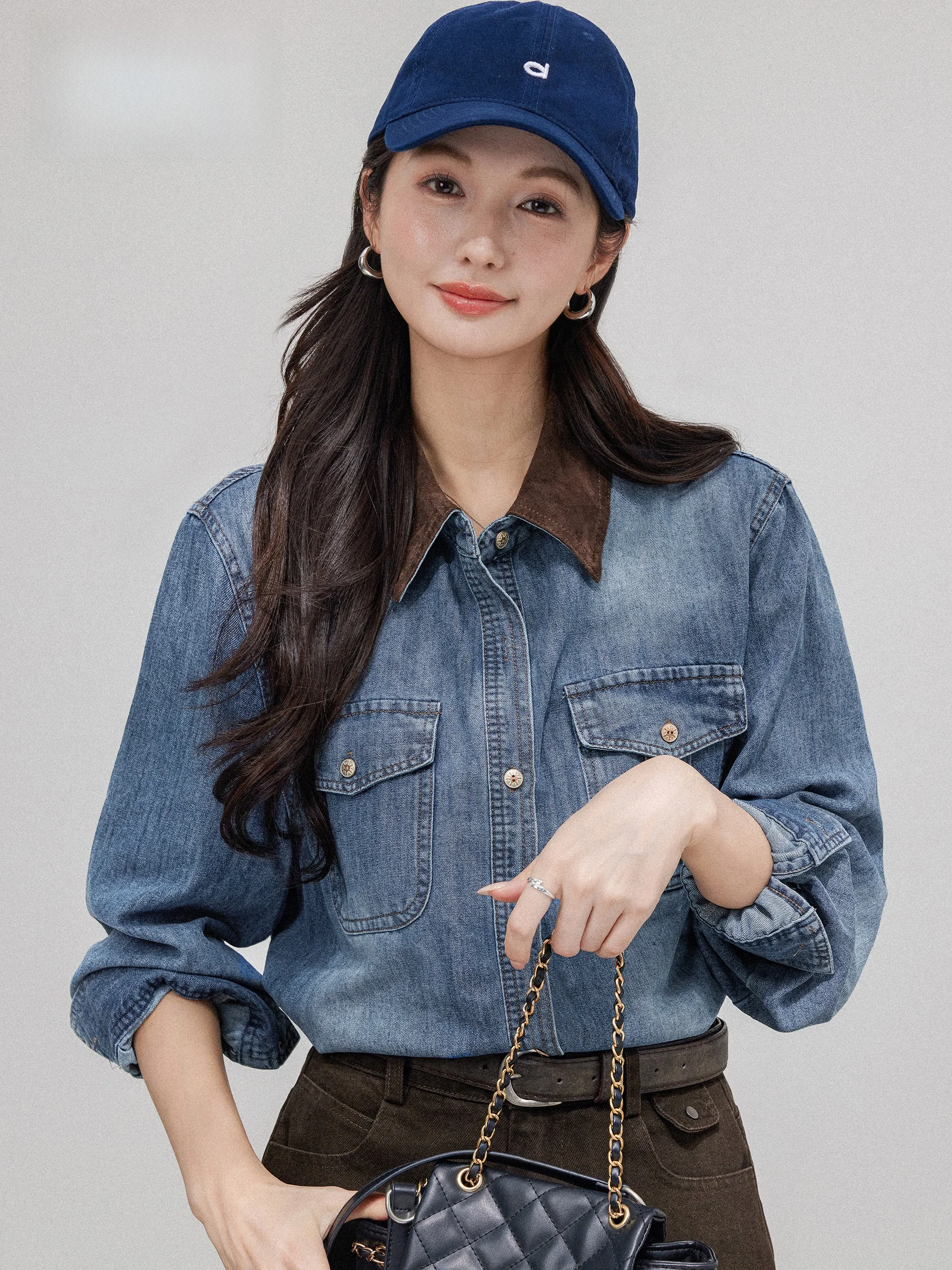 Blue Vintage Long Sleeve Denim Shirt Women's Autumn 2026 New High-End Waist-Cinching Commute Style Korean Version Straight Cut