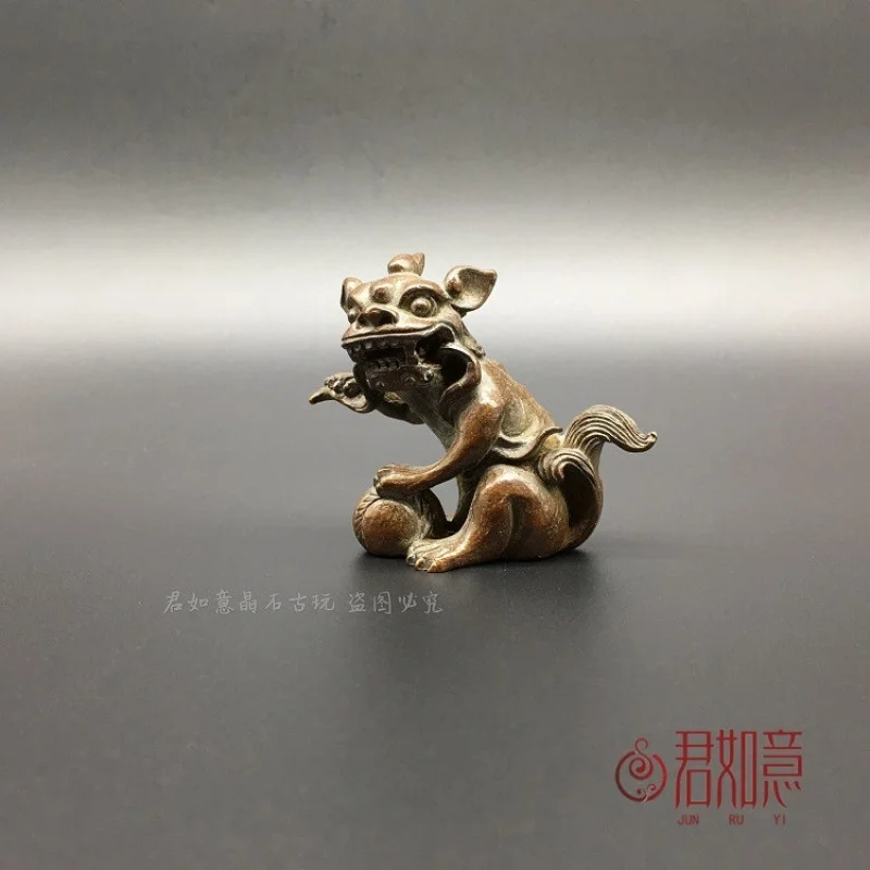 Antique Style Ornament Solid Rolling Ball Little Male Lion Bronze Ware
