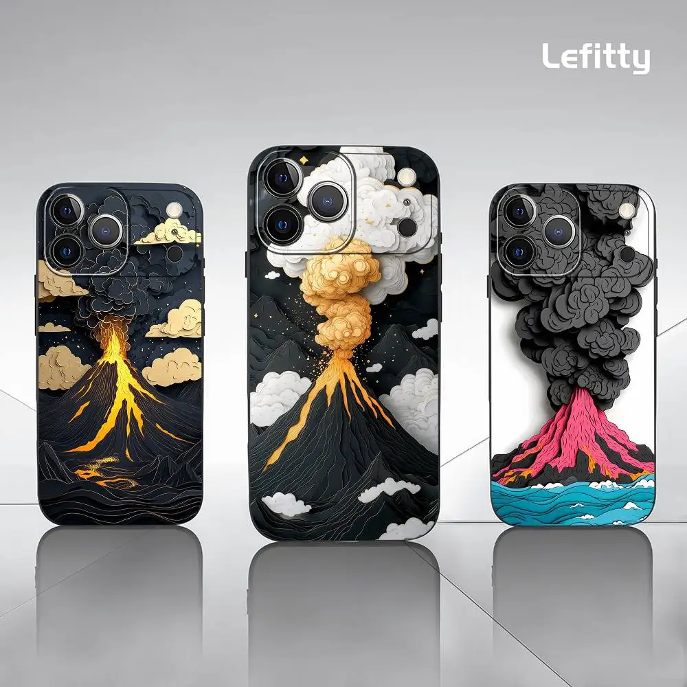 

1PC Volcano Art Design Phone Case For iPhone 17 16 15 14 13 12 11 Pro Max Plus Mini Black Frosted Soft Shell Funda