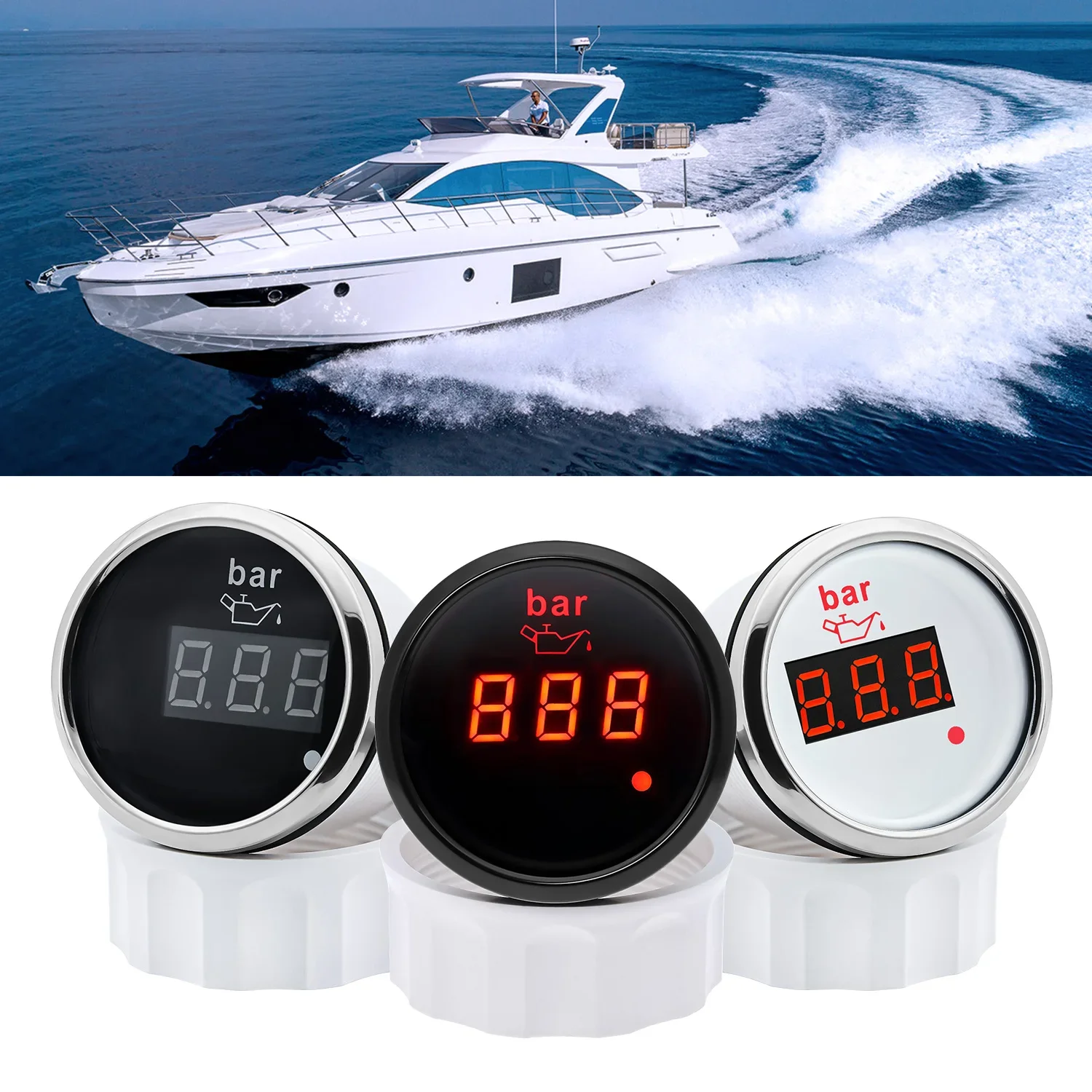 52mm Digital Car Gauge Red backlight Oil Pressure Gauge 0-10bar With 1/8 NPT Pressure Sensor Flashing Alarm For 12V 24V Car Boat