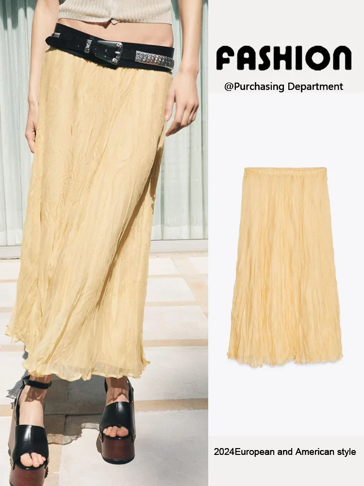 

Новая летняя женская модная юбка миди с эффектом жатки, универсальная, элегантная, с высокой талией, для офиса, однотонная, длинная юбка