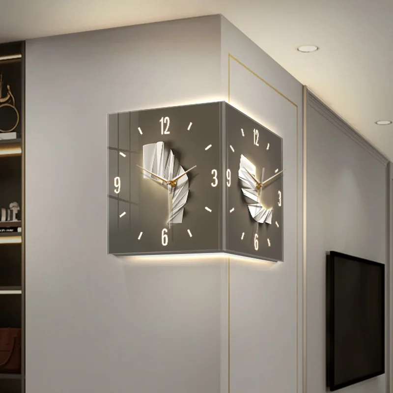 LED creative corner, clock wall lamp, clock wall clock, living room luminous corner clock, modern simple double-sided