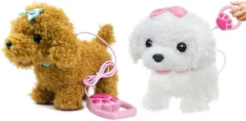 Remote Control Walking Dog Toy on Leash for Kids, 2 Pack, White and Brown