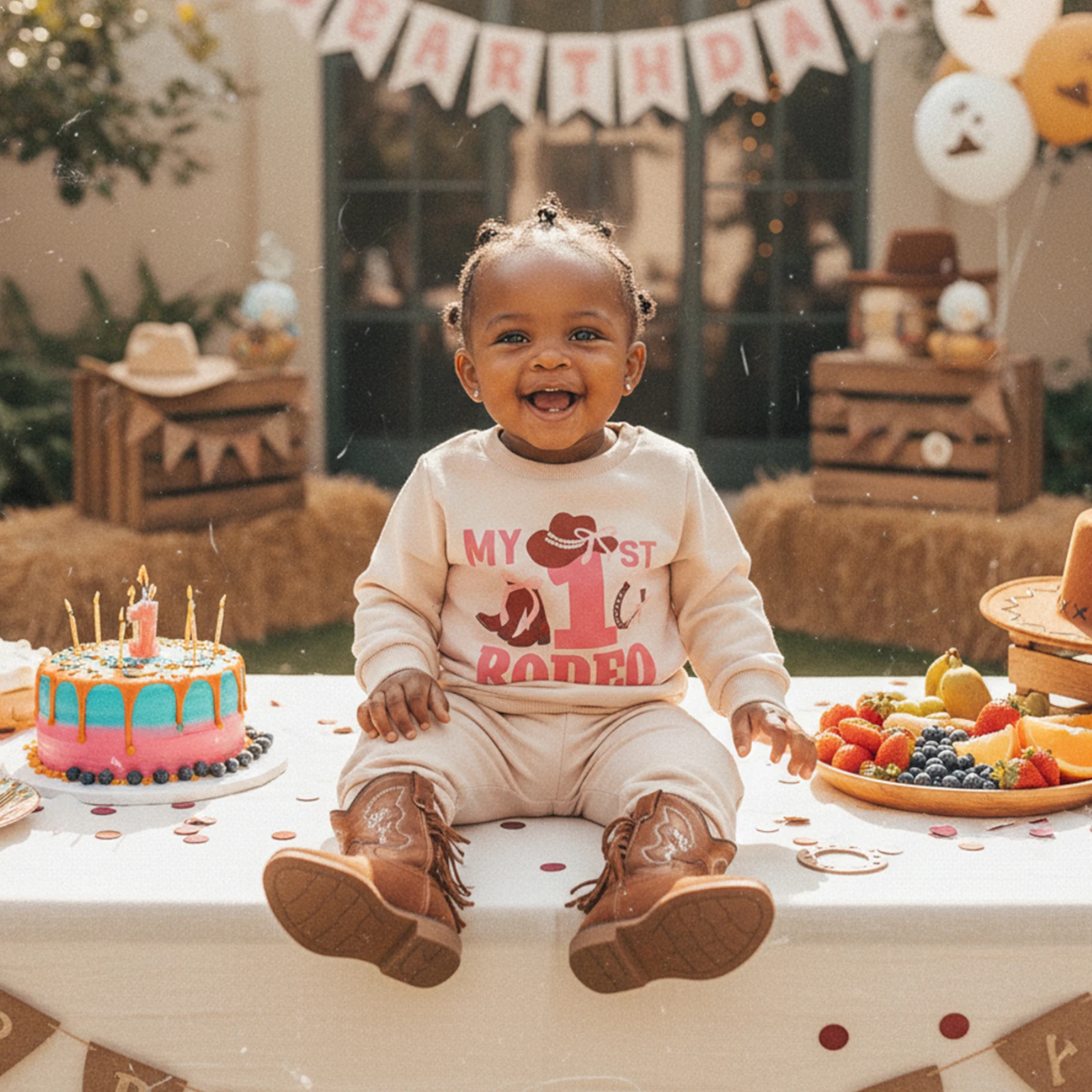 Baby Birthday 2 Piece Outfits Western Style Letter Cowgirl Hat Print Long Sleeve Crew Neck Tops and Elastic Waist Pants Set
