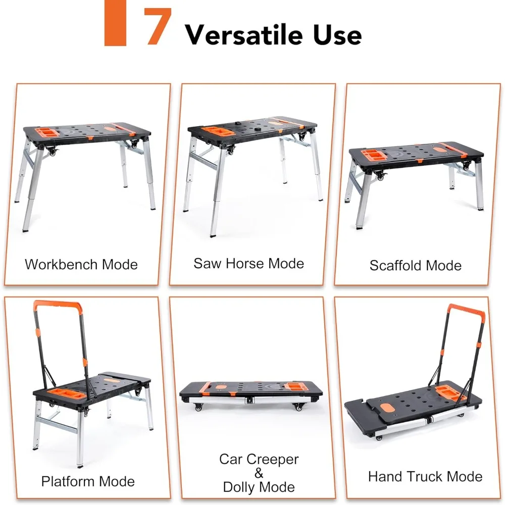 Multifunctional Folding Work Table, Portable Work Benches with 7 Modes as Workbench, Sawhorse, Scaffold, Hand Truck