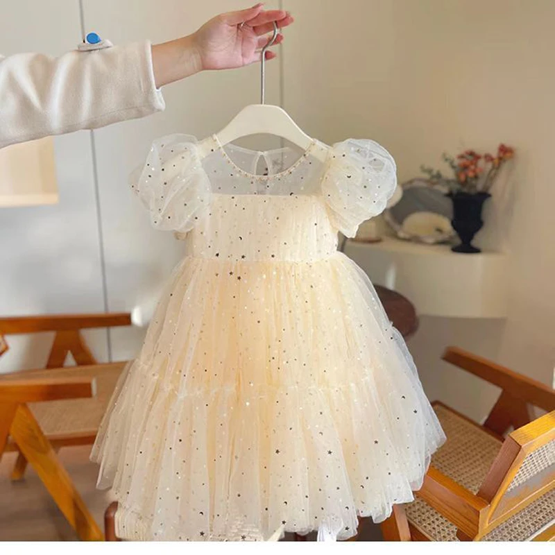

Girl's Mesh Dresses Princess Elegant Tulle Gown Baby Bubble Sleeve Vestidos Sequin Children Birthday Party Short Sleeve Clothing