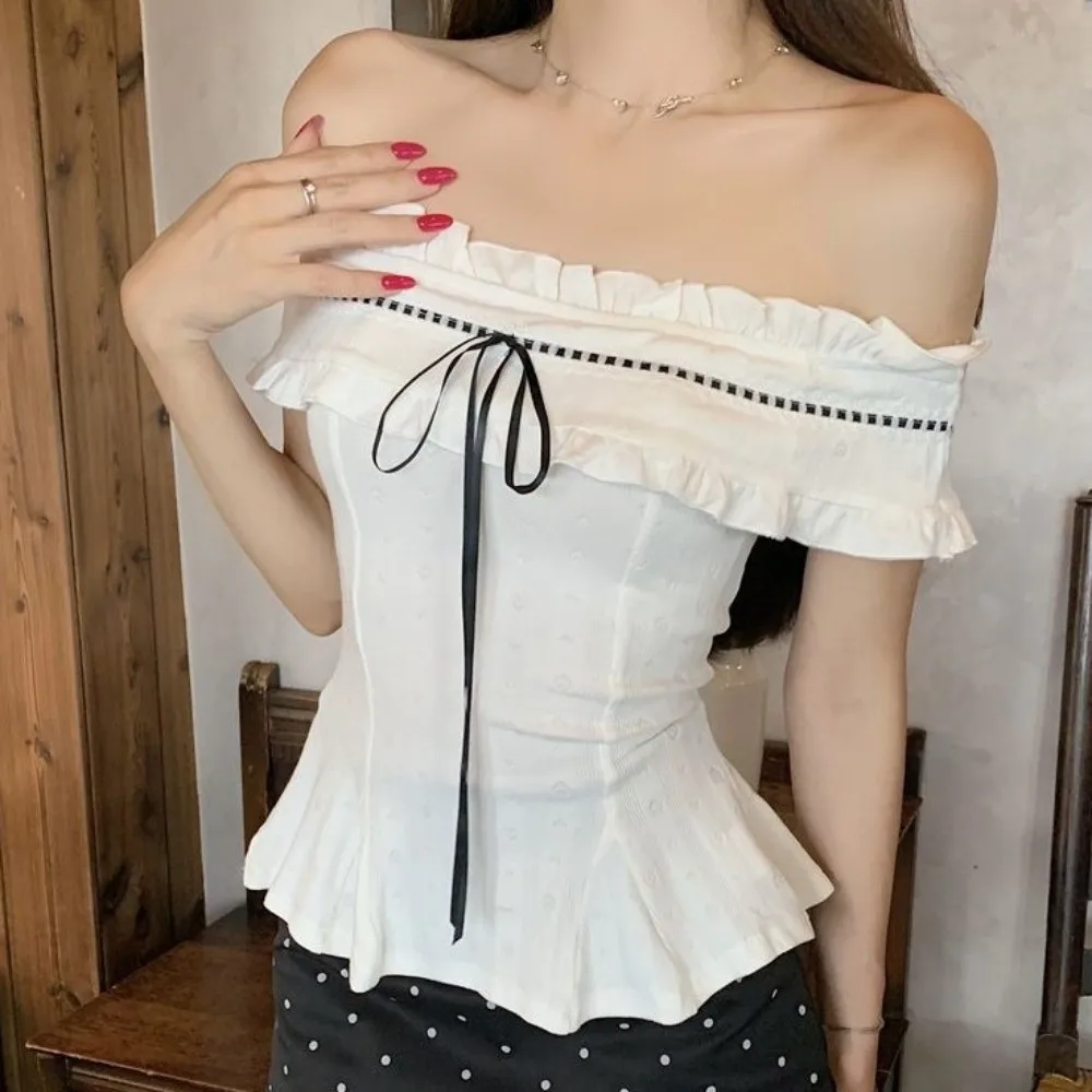 

White Off-shoulder Ruffle Shirt Korean Y2K Ins Pleated Collar Ruffle Shirt Tops Lace-up Cute Bow Spicy Girl Style