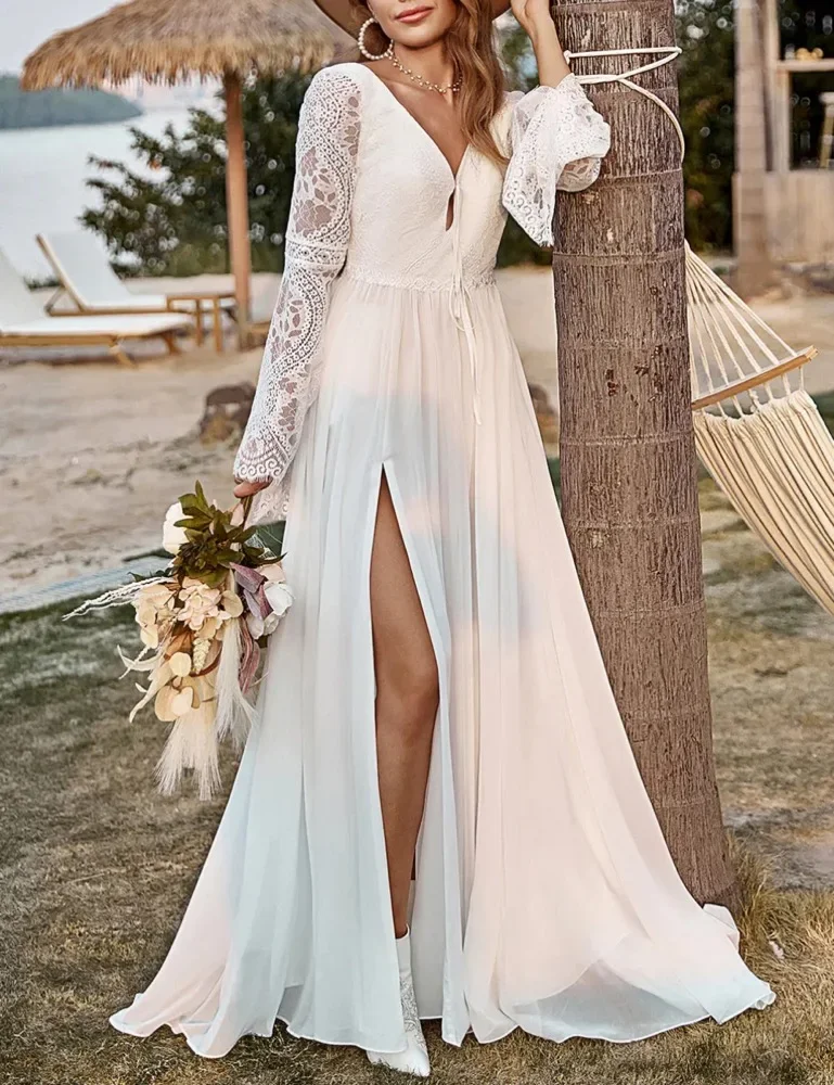 Customized  Wedding Dresses V Neck Chiffon Full Sleeves Backless with Slit A Line Floor Length Vintage