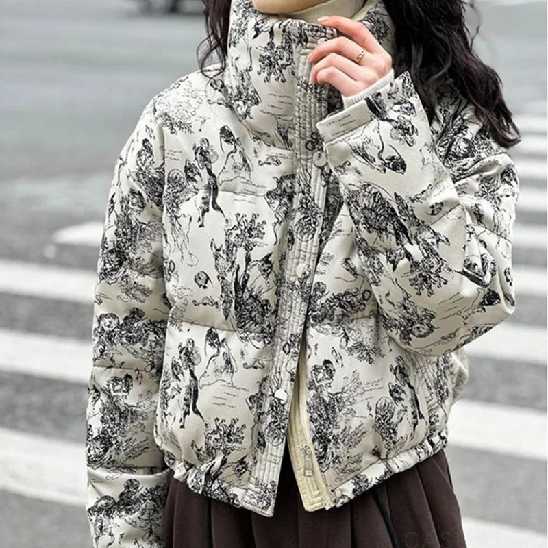 

TFETTERS Retro Short Coat Women 2024 New Fashion Casual Print Jacket Woman Drawstring Windproof Cuff High Collar Winter Coat