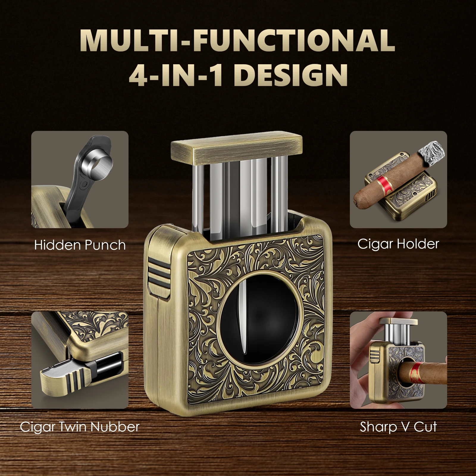 4 in 1 Multifunctional Sharp Blade Stainless Steel Modern Cigar Cutter Hidden Drill Accessories with Gift Box
