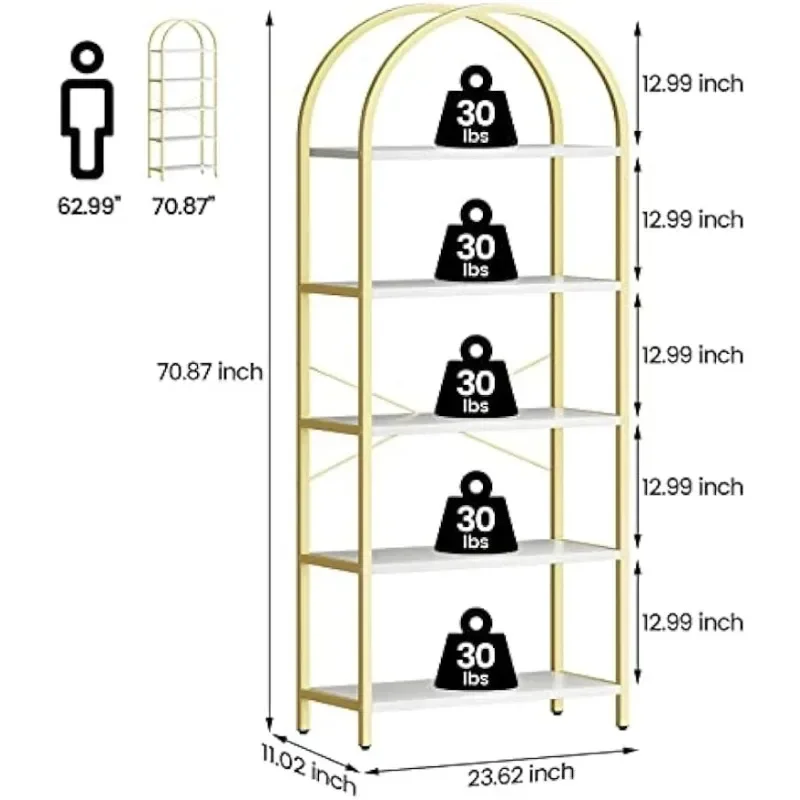 Bookshelf 5 Tier Bookcase Arched Display Racks Tall Standing Bookshelves Metal Frame Modern Storage Rack Shelf