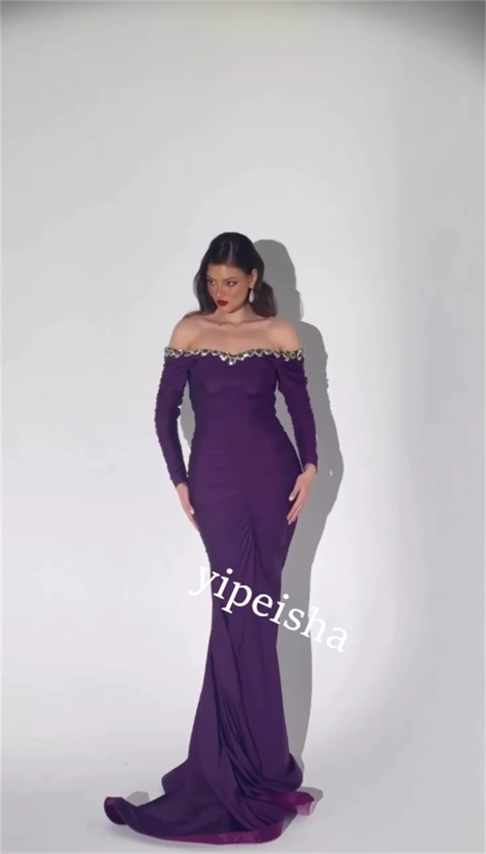 Exquisite High Quality Sparkle Jersey Rhinestone Formal Evening Trumpet Boat Neck Bespoke Occasion Gown Long Dresses