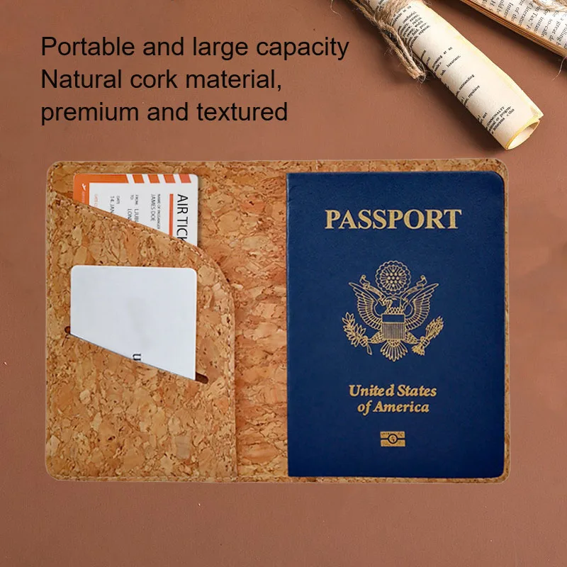 Cork Passport Holder Wood Grain Leather Passport Case Portable Card Bag