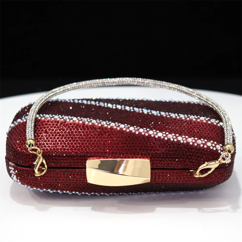 Fashion Women Evening Bags Metal Stripe Luxury Diamonds Clutch Wine Color Rhinestones Chain Shoulder Handbags