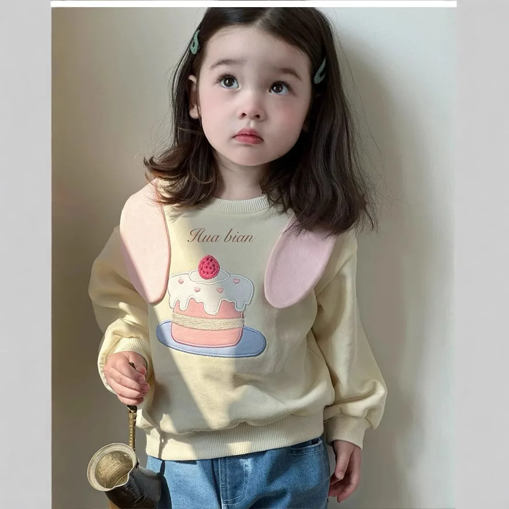

2025 Autumn New Girls Cute Cartoon Printed Cake Sweatshirt Middle Child Baby Long Sleeve Top