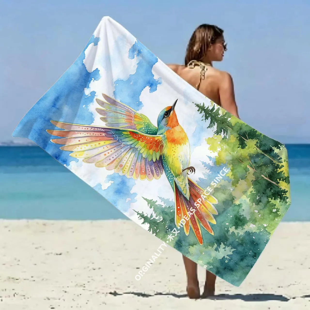 Watercolor Flying Bird Summer Beach Towel Patterned Sunscreen And Windproof Suitable For Swimming Pool Camping Travel