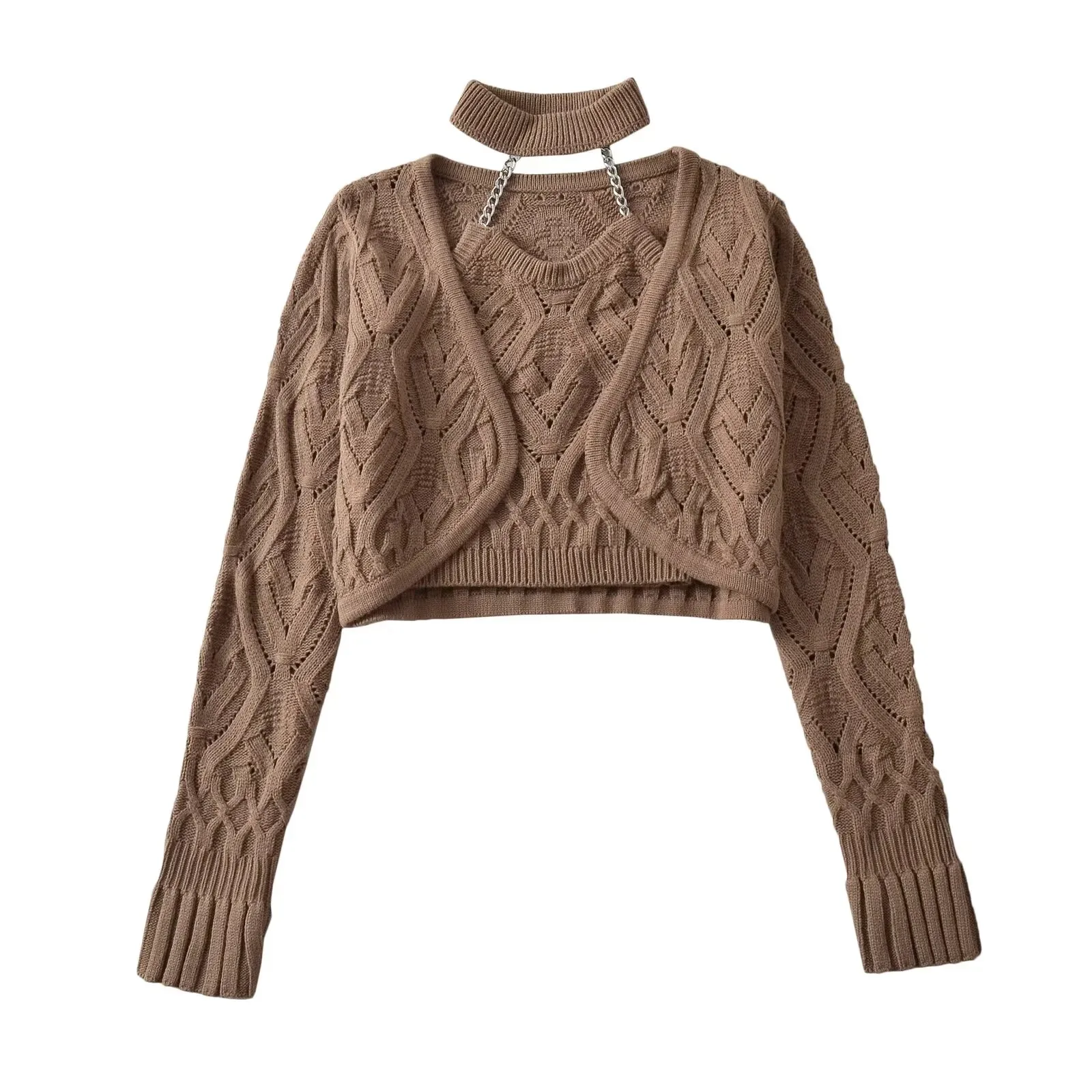 Women Black Halter Cropped Cami Top Suit Long Sleeve Knit Cardigan Coat Y2k Gyaru Vintage Two-Piece Outfit for Women Autumn 2026