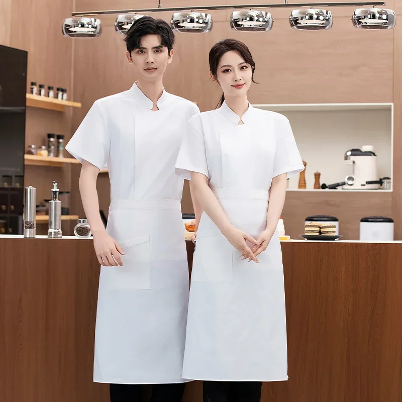 Chaqueta de Chef de manga corta para hombre, uniforme negro con delantal, abrigo de Chef de cocina de malla transpirable, ropa de trabajo, accesorios de chef