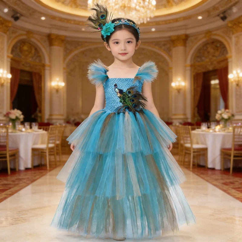 

Fluffy 3 Layered Peacock Long Dresses for Girls Christmas Carnival Outfit with Flower Hairpin Kids Full Length Pageant Costumes