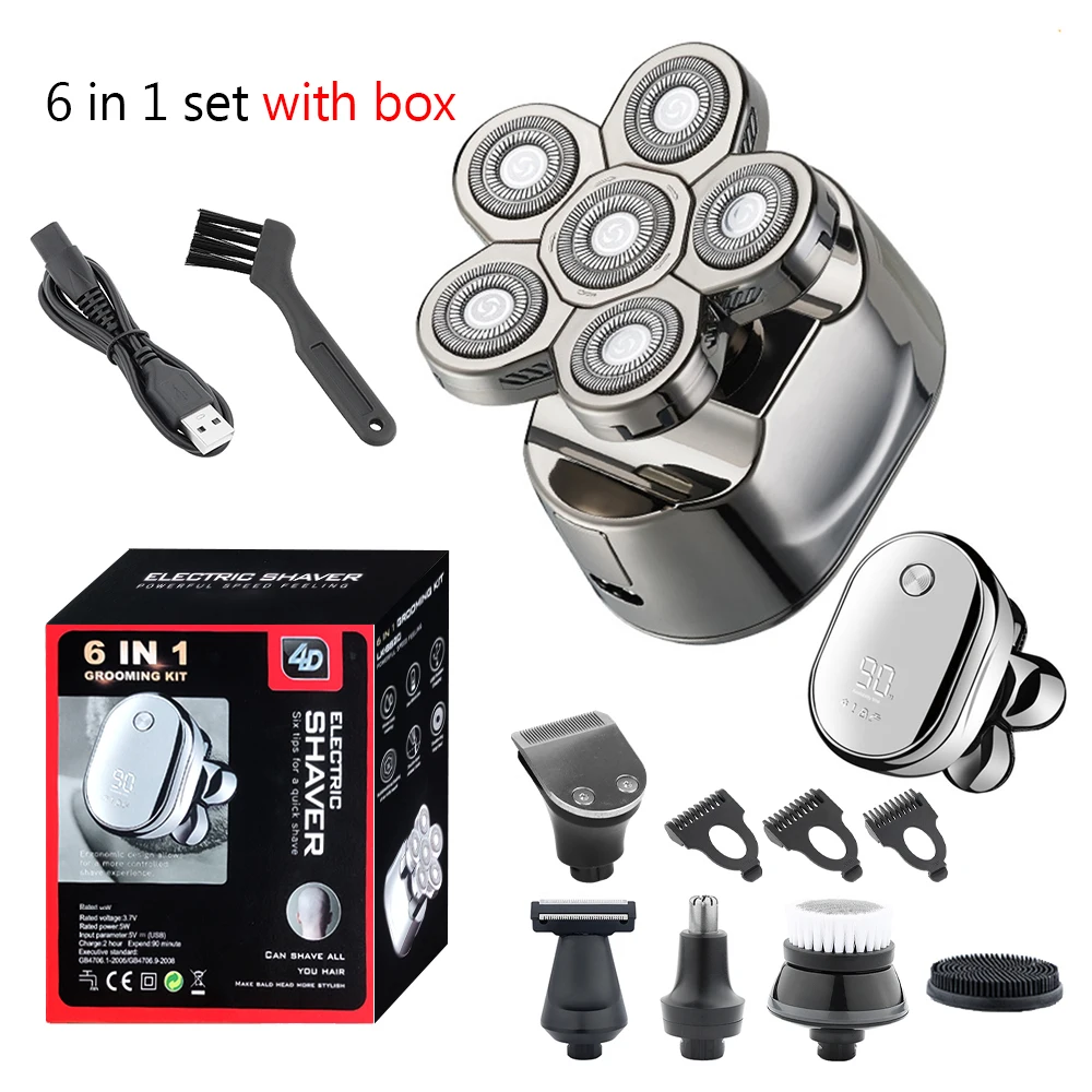 

Электробритва с 6 плавающими головками для мужчин, перезаряжаемая бритва для бритья головы, водонепроницаемая беспроводная бритва для влажного/сухого бритья с ЖК-дисплеем