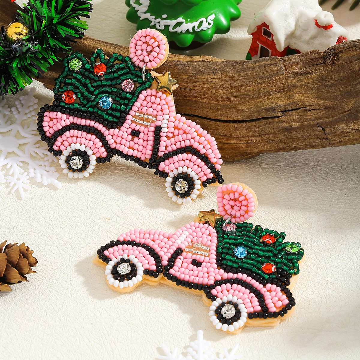 Cross-border personalized design car Christmas tree personalized design creative earrings handmade rice bead diamond earrings