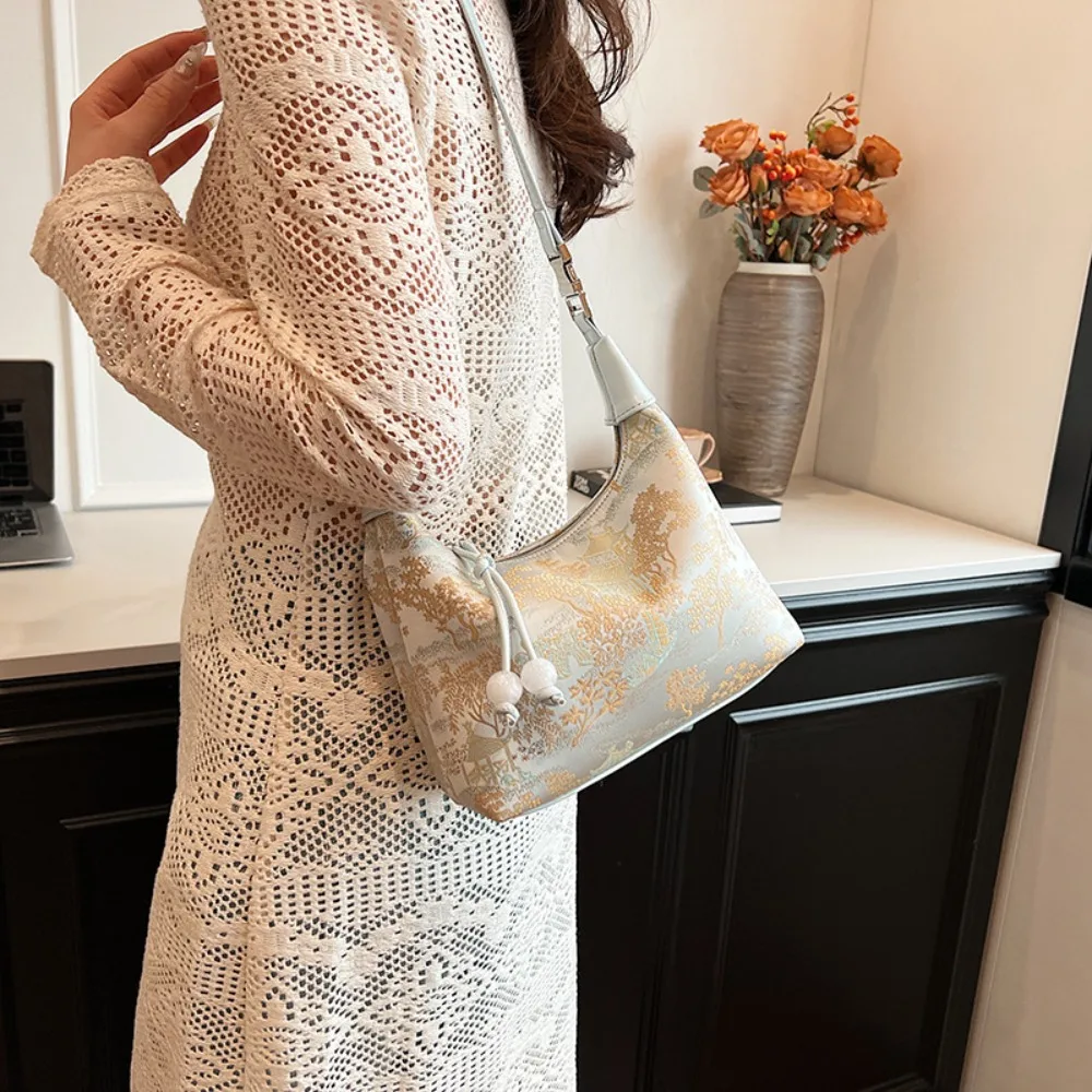 4 cores bordado estilo chinês bolsa com zíper lona bolsas de ervilha ajustável luxo cheongsam saco trabalho