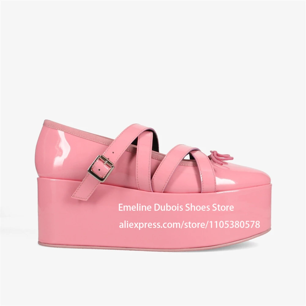 

Glossy Patent Leather Bow Strappy Platform Wedge Heel Mary Jane Shoes Women Round Toe Pumps Lolita Y2k Shoes Girl Cosplay Shoes